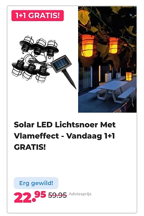 Solar led lichtsnoer met vlameffect. Vandaag 1+1. -62% bij voordeelvanger.nl -