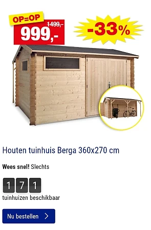 Tijdelijk aanbod: houten tuinhuis -33% bij Hubo