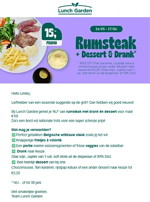 🍽️ Rumsteak + drank + dessert voor €15 bij Lunch Garden