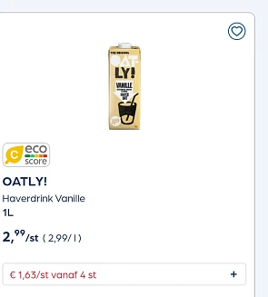 Oatly haverdrink vanille 1L goedkoper