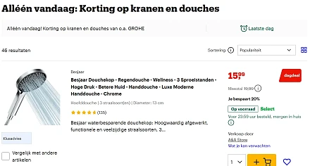 Dagdeal: korting op kranen en douches bij Bol (gekende merken zoals Grohe)