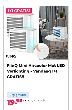 FlinQ mini aircooler met LED verlichting - Vandaag 1+1 gratis. -80%