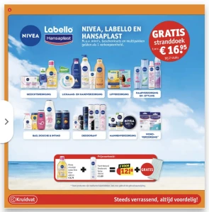 Vanaf 24/6 Gratis stranddoek bij aankoop van Nivea, Labello, Hansaplast bij Kruidvat