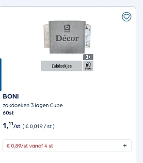 BONI zakdoeken 3 lagen Cube 60st goedkoper