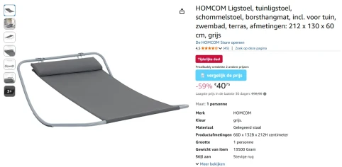 HOMCOM Ligstoel, tuinligstoel, schommelstoel met 59% korting bij Amazon BE