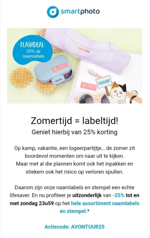 25% korting op het hele assortiment naamlabels en stempel