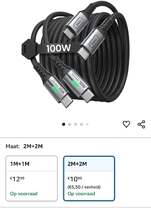 2 kabels van 2 meter USB-C voor slechts 3,3€ per stuk!