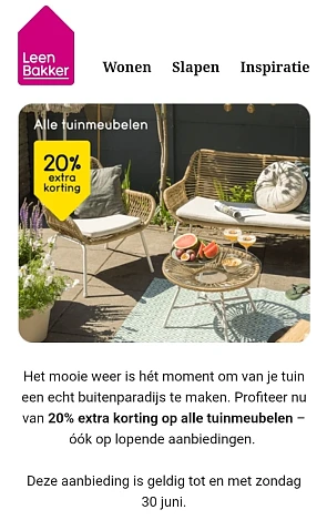 20% EXTRA korting op alle tuinmeubelen bij Leen Bakker