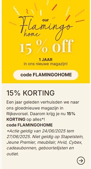 -15% op alles bij De Gele Flamingo