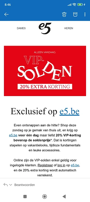E5: 20% extra korting op de solden