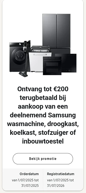 Cashback op Samsung wasmachine, droogkast, koelkast, stofzuiger of inbouwtoestel