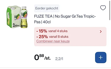 Verschillende fuze tea in mooie korting tot -25% extra korting reactie op Carrefour 2+2