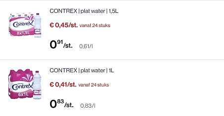 Contrex plat water 1L of 1,5L -50% reactie Carrefour
