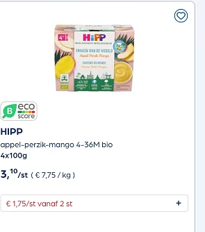 HIPP appel-perzik-mango 4-36M bio 4x100g in promo