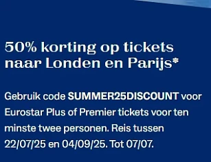 50% korting op tickets bij Eurostar: Parijs of Londen vanaf €29