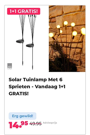 Solar tuinlamp met 6 sprieten. 1+1 gratis. -70% op voordeelvanger.nl