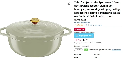 Tefal Gietijzeren stoofpan ovaal 30cm voor €47,48 bij Amazon BE