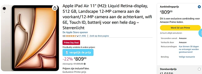 Prime day deal: Apple iPad Air 11" voor €809 ipv €1039 bij Amazon NL