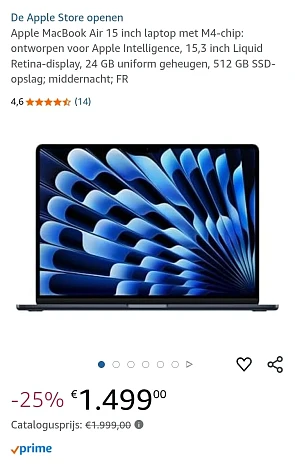Apple MacBook Air 15 inch laptop met M4 aan -25%