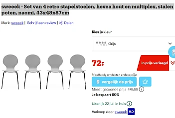 sweeek - Set van 4 retro stapelstoelen, hevea hout en multiplex, stalen poten 43x48x87cm