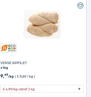 Verse kipfilet +-1 kg €4,99/kg