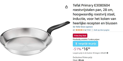Tefal Primary roestvrijstalen pan, 28 cm voor €16,99 ipv €35,01 op Amazon BE