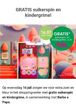 Gratis suikerspin en kindergrime op 16.07 in Wijnegem
