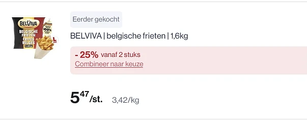 Belviva Belgische frieten 1,6 kg -25% extra korting bovenop reactie Albert Heijn