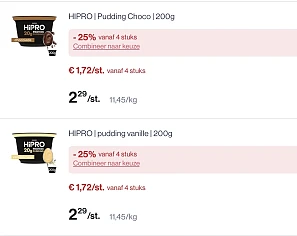 Hipro pudding choco en vanille -25% korting bovenop reactie Albert Heijn