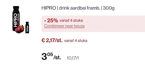 Hipro drink aardbei-framboos 300 gram -25% korting bovenop reactie Albert Heijn