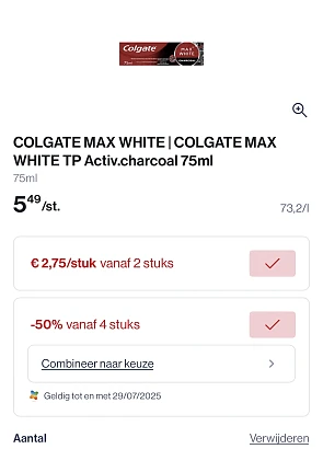 Colgate max white tandpasta 75 ml -50% korting bovenop reactie Albert Heijn