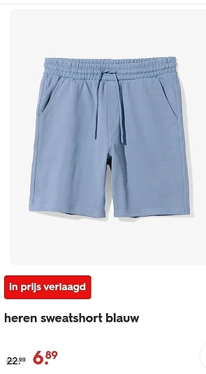Heren sweatshort blauw -70% bij Hema
