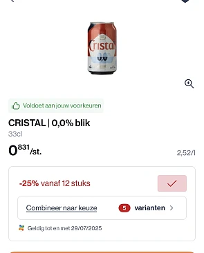 Cristal 0,0% blik 33 cl -25% korting bovenop goedkopere prijs