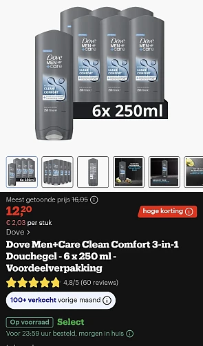 Dove men Care clean 3 in1 douchegel 6x250ml.