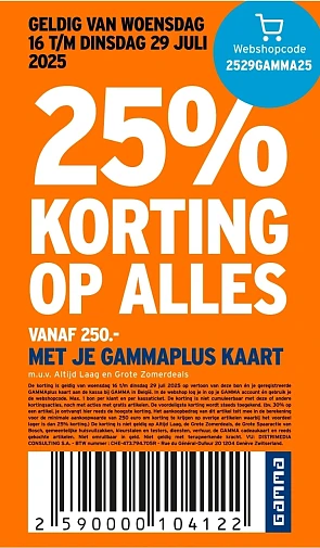 25% korting op alles vanaf €250