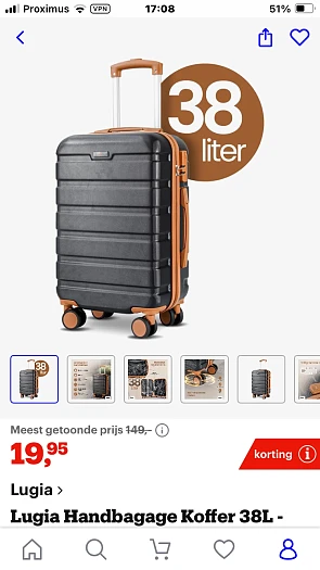 Bij Bol.com handbagagekoffer nu 19,95€.Adviesprijs 149€