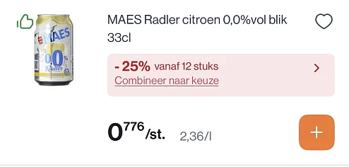 Maes radler Citroën 0,0% blik 33 cl -25% korting bovenop reactie Delhaize