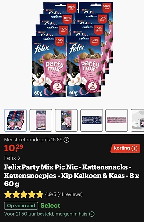Felix party mix kattensnacks kip- kalkoen-kaas 8x60gr