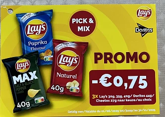 Promo coupon -0,75€ bij aankoop van 3 Lays chips minizakjes