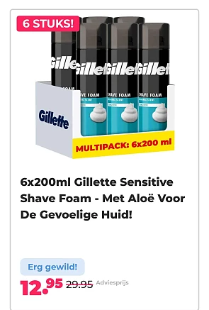 6x200ml gillette sensitive shave foam met aloë -57% op voordeelvanger.nl