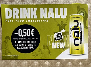 Coupon nalu energiedrank zero sugar aan rek bij Carrefour market