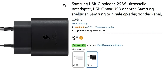 Samsung USB-C oplader 25W bij amazon
