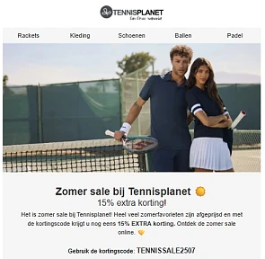 15% extra korting bovenop de solden bij Tennisplanet