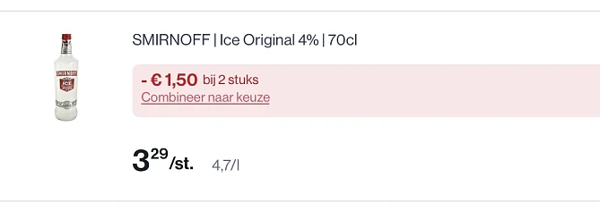 Smirnoff ice original 4% 70 cl -1,50€ extra vanaf 2 flessen bovenop goedkopere prijs