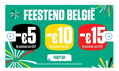 Enkel vandaag 21/7 in de webshop -€5 b.a.v. €50, -€10 b.a.v. €95, -€15 b.a.v. €140