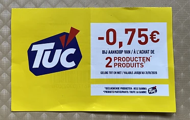 Tuc bonnen aan rek in Delhaize -0,75€/2