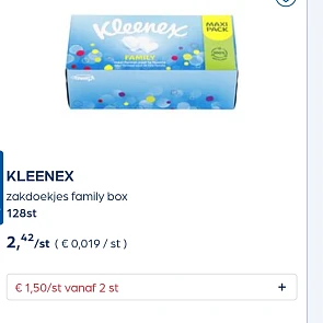 KLEENEX zakdoekjes family box 128st €1,50