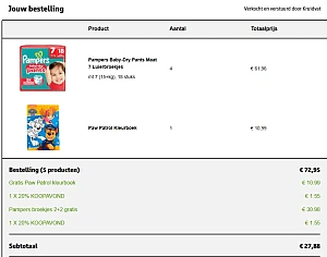 Pampers luierbroekjes 2+2 én 2x 20% korting + gratis kleurboek