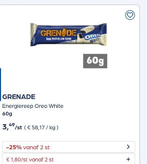 Grenade energiereep oreo white 60g -25% extra