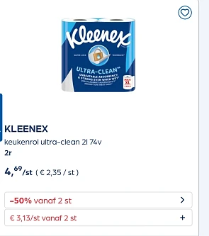KLEENEX keukenrol ultra-clean 2l 74v 2r -50% extra